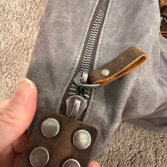 NEWHEY Gray canvas Duffel travel Bag with Brown Leather Straps waxed canvas - Picture 5 of 12